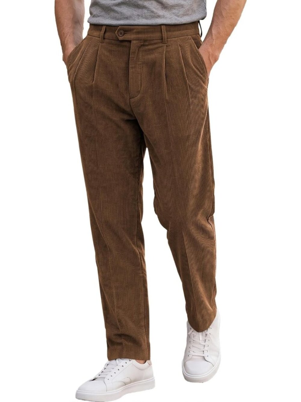 Men's Stretch Corduroy Trousers - Relaxed Tapered Fit, Pleated Style Pants